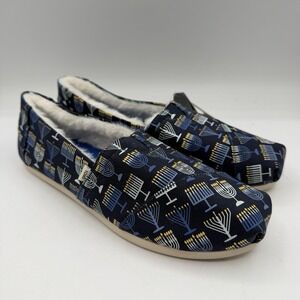 Toms Alpargata Menorah Hanukkah Flats Women 9.5 Blue Faux Fur Lined Slip On Shoe